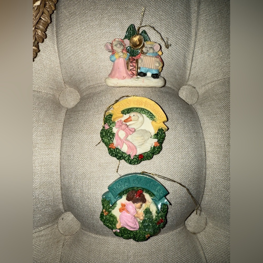 Vintage Holiday Ornament Set with Angel, swan and mouse